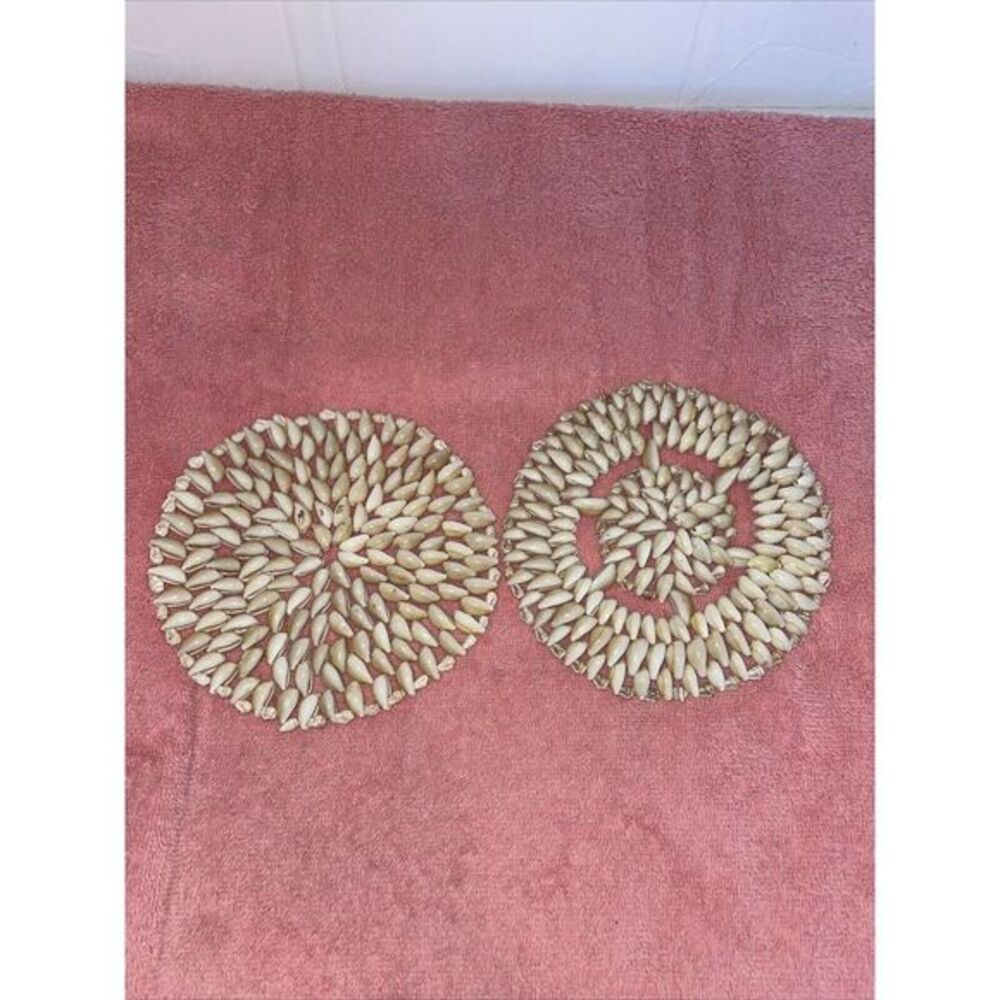 Set Of Vintage Cowrie‎ Seashell  2 Coasters Boho Coastal Wall Hanging